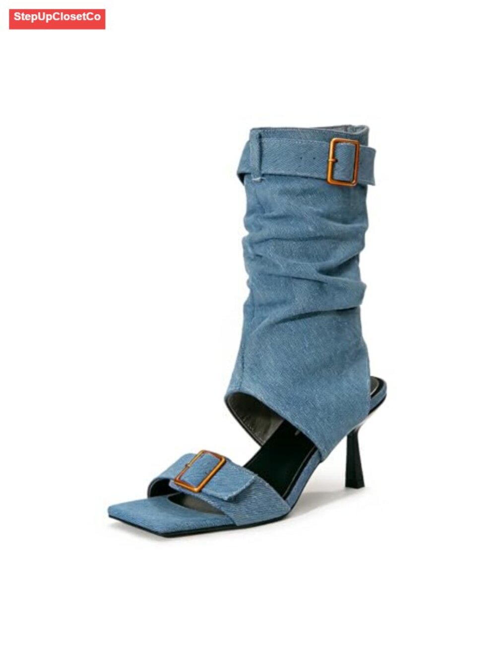 Faux Suede Kitten Heel Mid Calf Sandal Boots Belt Buckle Slingback Open Toe